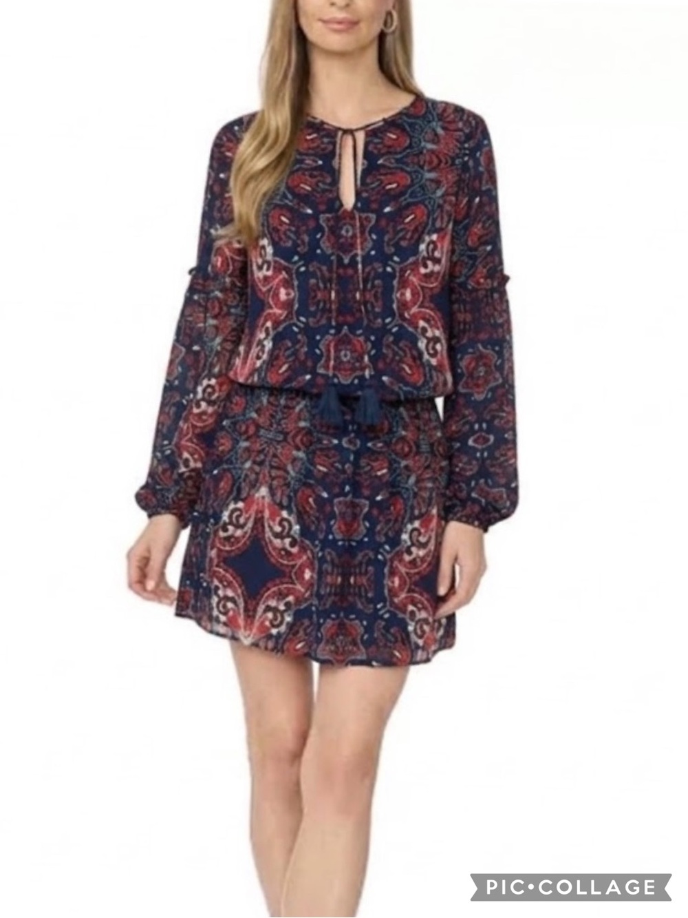 Parker Silk Long Sleeve Paisley Blue Red Blouson Smocked Mini Dress XS Boho
